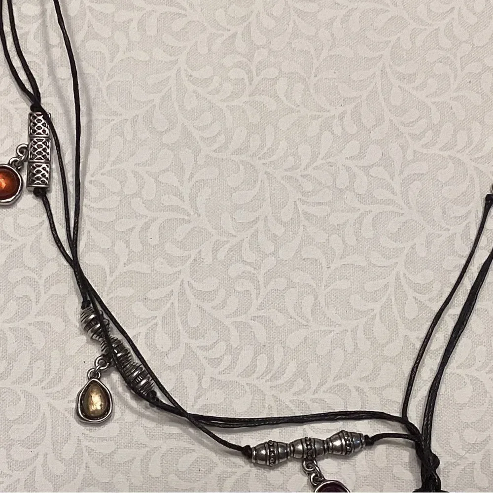 Black Triple Strand Corded Necklace with Multi-Color Charm Accents